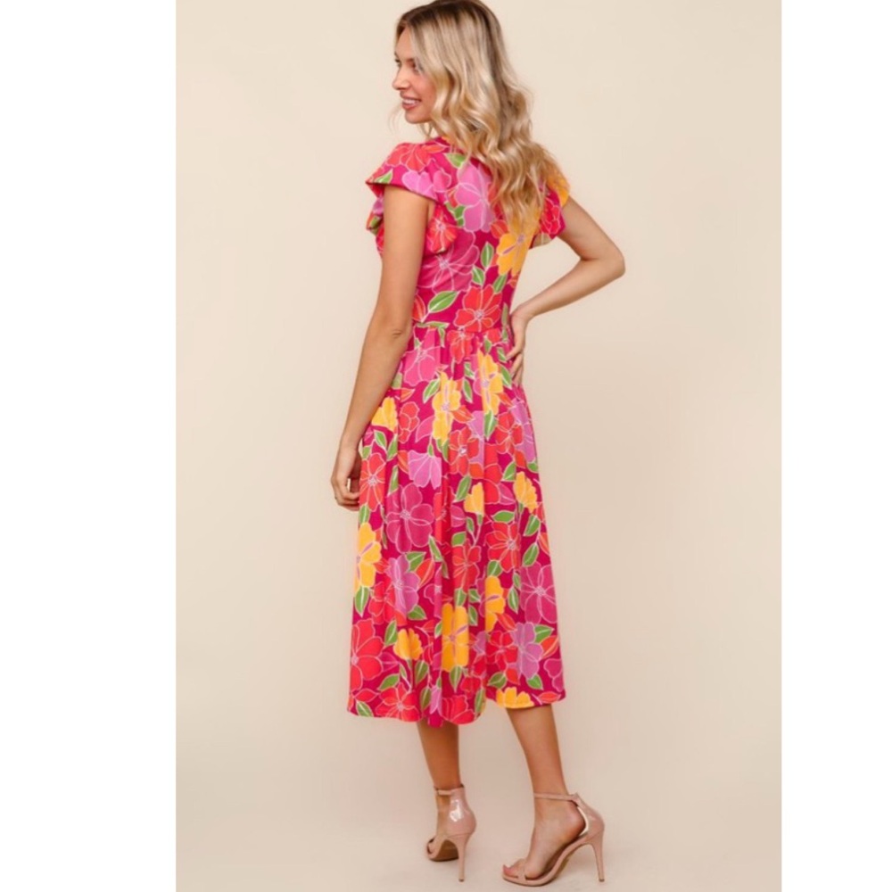 LAST 2 Soft V Neck Fuchsia/Yellow Floral Midi Dress with Folded Ruffle & Pockets - Picture 9 of 9